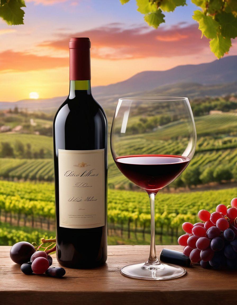 A beautifully styled wine glass filled with a rich red wine, surrounded by elegant wine bottles and lush vineyard scenery in the background. Include a happy couple enjoying the wine under a sunset sky, showcasing warmth and satisfaction. Emphasize the connection between winery and personal experience. super-realistic. vibrant colors. natural setting.