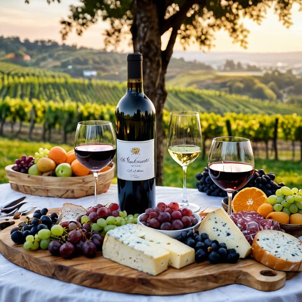 A beautifully arranged table setting featuring an elegant wine bottle and glasses, surrounded by a variety of delicious gourmet foods like cheese, fruits, and charcuterie. Soft, warm lighting creates a cozy atmosphere, with gentle reflections of wine highlighting the glasses. A joyful couple is clinking glasses, smiling amidst a backdrop of lush vineyards. Impressionist style, warm hues, inviting atmosphere.