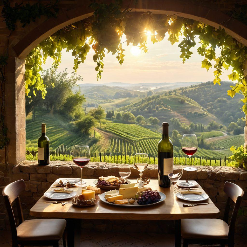 A cozy wine tasting scene featuring a beautifully arranged table with various wine glasses, colorful bottles, and a cheese platter overlooking a picturesque vineyard. Rays of golden sunlight streaming through the leaves, creating a warm and inviting atmosphere. Include people joyfully toasting and savoring their wine while surrounded by lush greenery. super-realistic. vibrant colors. warm lighting.